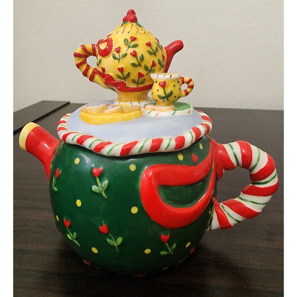 Mary Engelbreit Enesco Christmas Candy Cane Ceramic Teapot 2001 177717